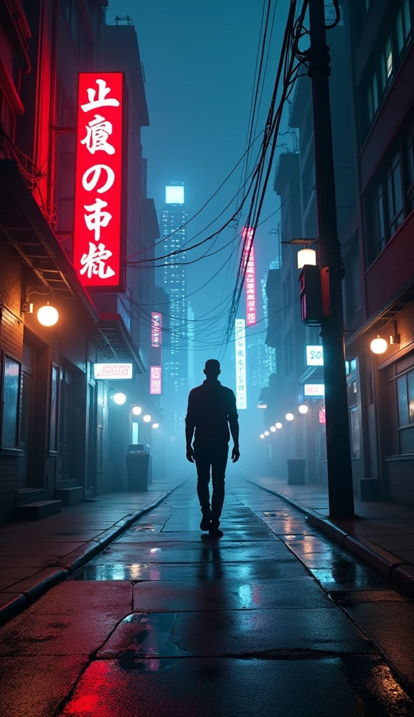 Night scene of a man standing on a city street at night, city street cinematic lighting, beautiful and cinematic lighting, cyberpunk streets at night, dark cinematic lighting, cyberpunk street at night, beautiful cinematic lighting, traversing a shadowy city, cyberpunk night street, moody cinematic lighting, great cinematic lighting, he is traversing a shadowy city, cinematic night lighting