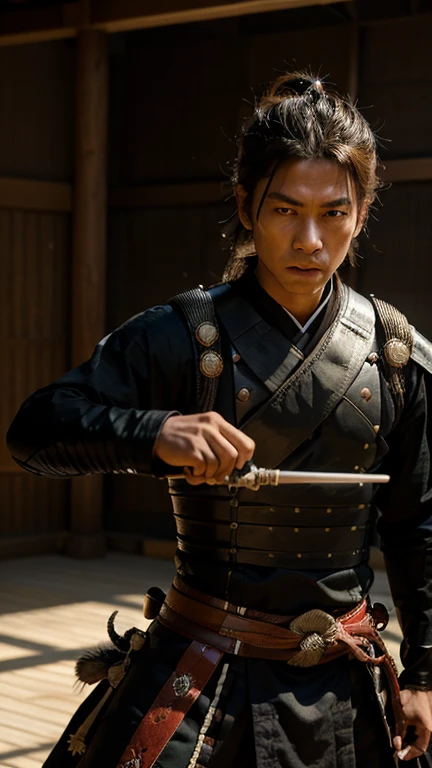 Create a hyper-realistic portrait of Miyamoto Musashi, the famous samurai from feudal Japan. He should be depicted with a determined and focused expression, embodying the essence of his wisdom and martial prowess. Musashi is in traditional samurai armor, with intricate details and textures that highlight the craftsmanship of his attire. His stance is confident and ready, as if preparing for a duel, with his signature two-sword style (Niten Ichi-ryū). The background should reflect a historical Japanese setting, possibly a serene dojo or a bamboo forest. The image should convey a sense of strength, discipline, and profound self-awareness, embodying the essence of his teaching: 'Know your enemy and know yourself and you can fight a hundred battles without disaster.' Use dramatic chiaroscuro lighting to emphasize the intensity and focus in his eyes, with photorealistic details and high resolution