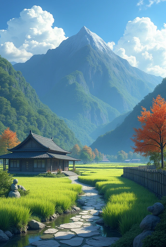 Traditional Japanese countryside scenery。Lush green rice fields and mountains々、A small village seen in the distance、Old wooden house with a tiled roof。Blue sky spreads out、Water is pooling in the rice fields.、The rice is swaying in the wind。手前には土の小道There is、Old stone Jizo statues and bamboo fences line the grounds。Behind it is a lush bamboo forest.、Trees with colorful leaves々There is、A landscape where you can feel the tranquility of nature。A calm autumn afternoon scene with slowly passing clouds。