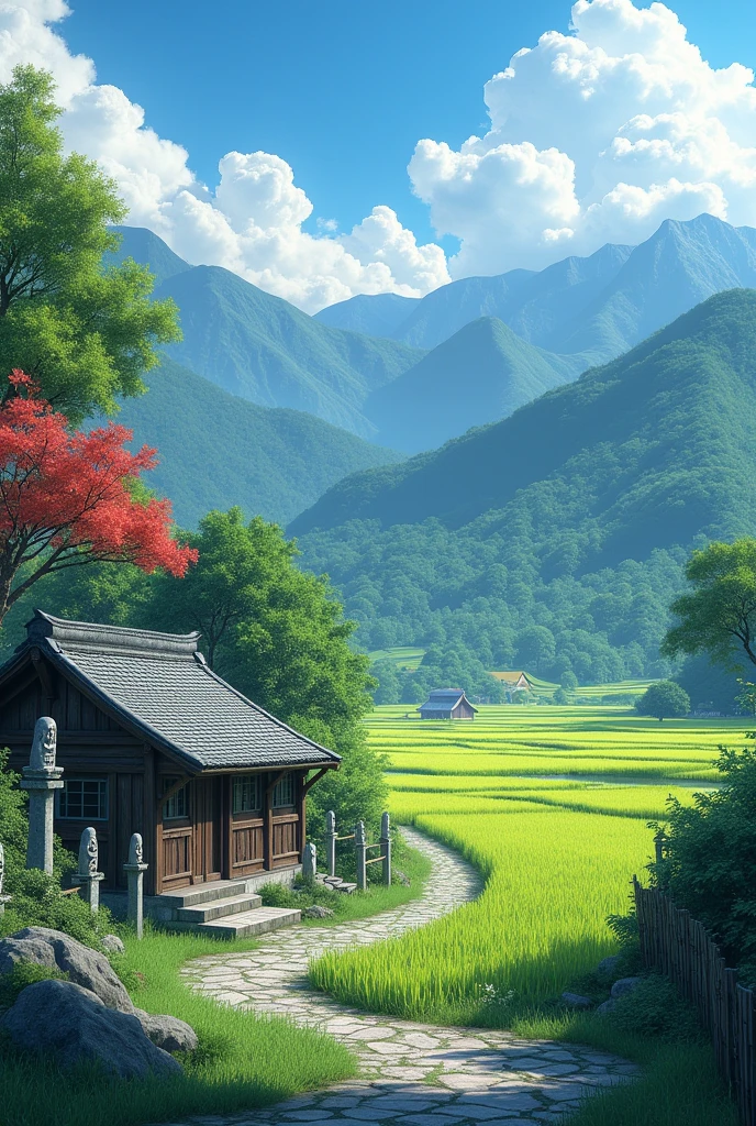 Traditional Japanese countryside scenery。Lush green rice fields and mountains々、A small village seen in the distance、Old wooden house with a tiled roof。Blue sky spreads out、Water is pooling in the rice fields.、The rice is swaying in the wind。手前には土の小道There is、Old stone Jizo statues and bamboo fences line the grounds。Behind it is a lush bamboo forest.、Trees with colorful leaves々There is、A landscape where you can feel the tranquility of nature。A calm autumn afternoon scene with slowly passing clouds。