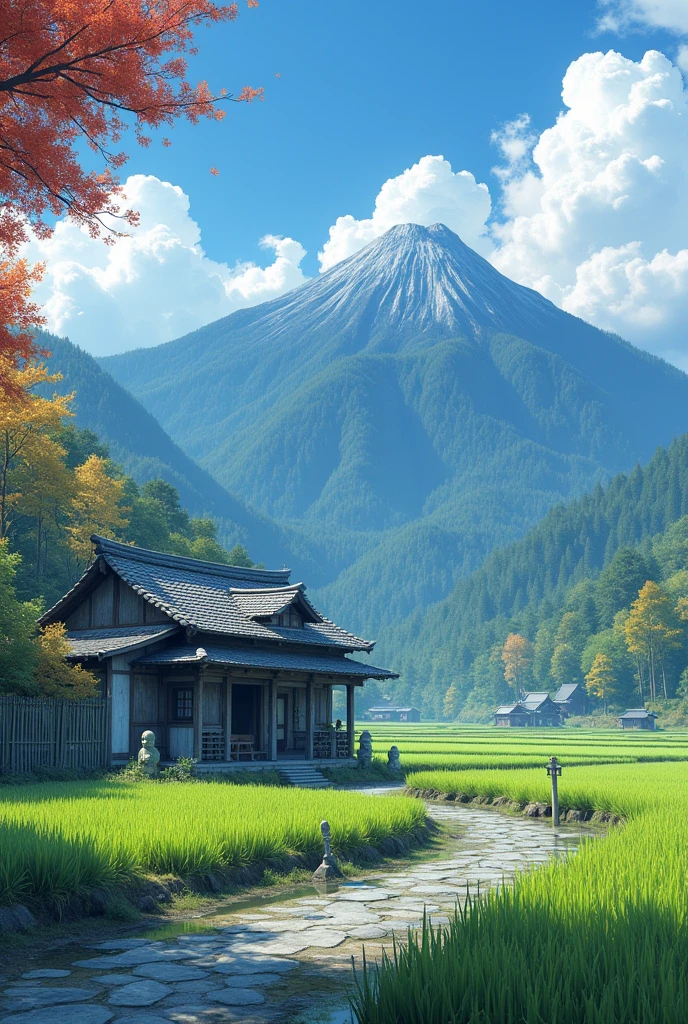 Traditional Japanese countryside scenery。Lush green rice fields and mountains々、A small village seen in the distance、Old wooden house with a tiled roof。Blue sky spreads out、Water is pooling in the rice fields.、The rice is swaying in the wind。手前には土の小道There is、Old stone Jizo statues and bamboo fences line the grounds。Behind it is a lush bamboo forest.、Trees with colorful leaves々There is、A landscape where you can feel the tranquility of nature。A calm autumn afternoon scene with slowly passing clouds。