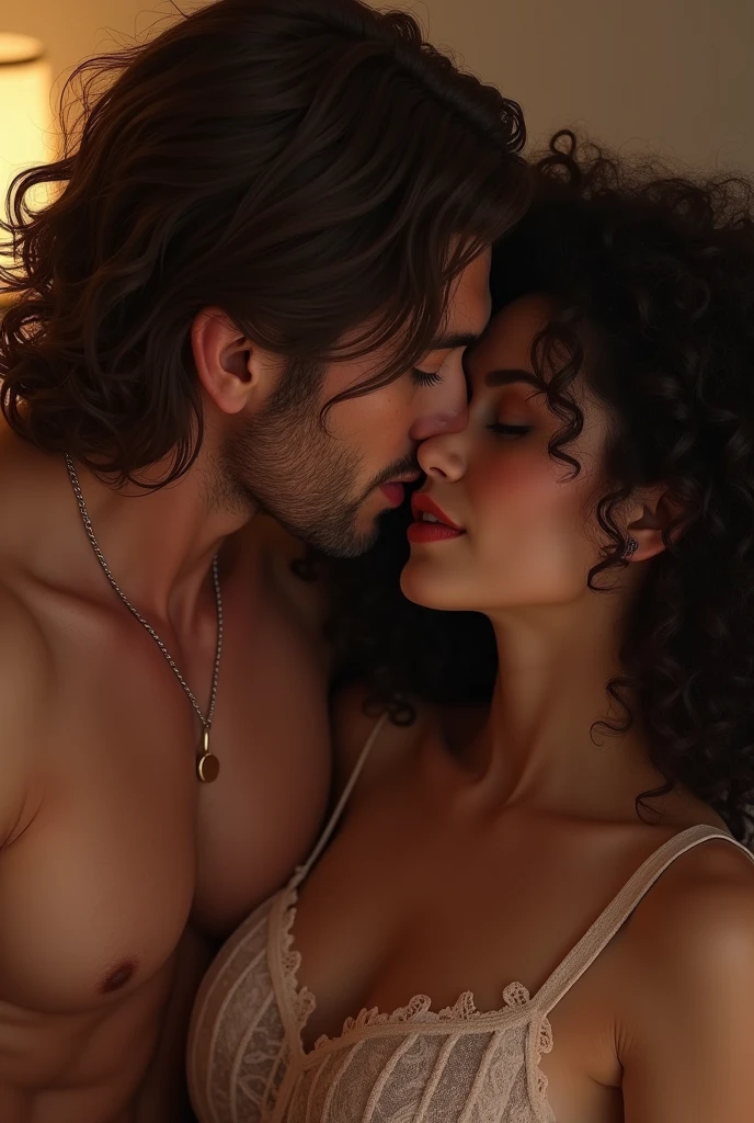 Take a picture of a woman with curly hair kissing a handsome and attractive man with dark brown hair falling over his face