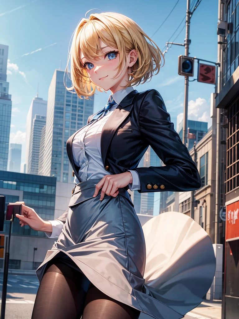 Anime style, super fine illustration, highly detailed, beautiful detailed, perfect detailed, super high quality image, static representation, gentle expression, happy expression, the pretty image, super stylish, 8k, beautiful face, handsome face, perfect & pretty 1girl with blonde straight short hair & blue eyes & a bright smile & full bust & soft fair skin is a female supervisor who is not to show her skin wearing big light blue business shirt & black summer tailored jacket & black tight skirt & black pantyhose on the urban business buildings street, in the morning, solo, perfect fingers, no more fingers, no less fingers, perfect arms, no more arms, perfect legs, no more legs, no more hair, masterpiece.
