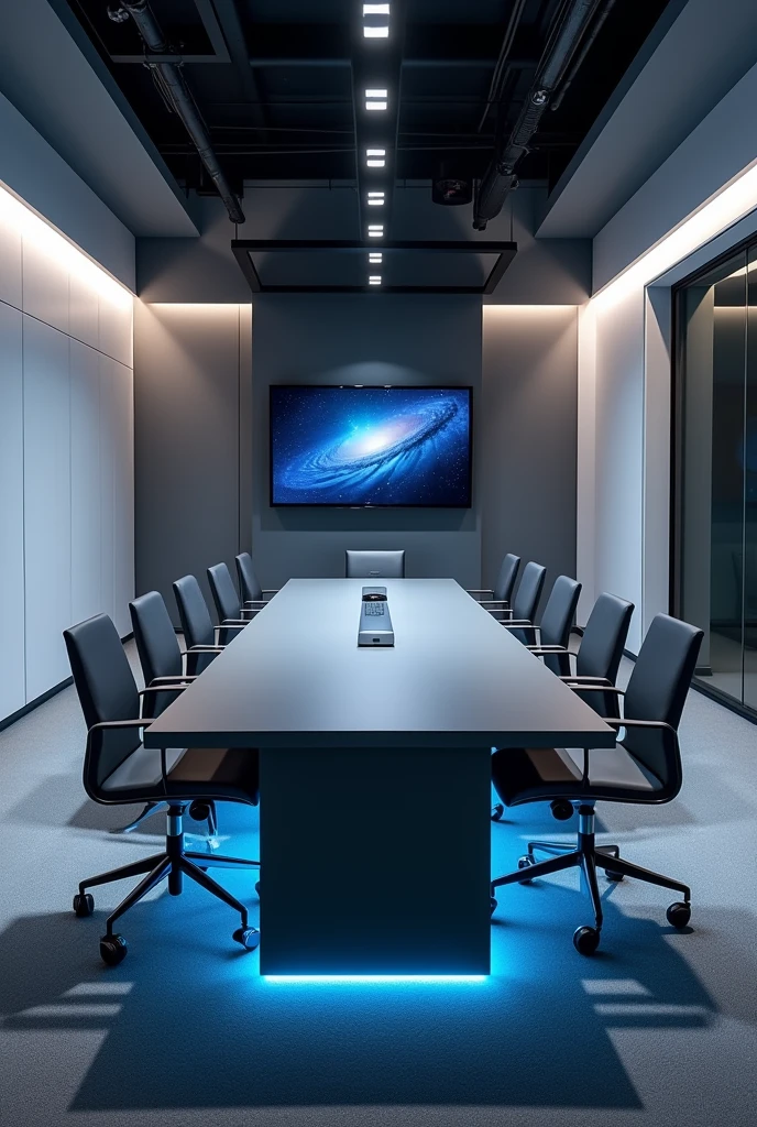 Office with 10-seat conference table in grey with white cabinets and blue lighting below, Grey and black walls and two televisions in front of the table
