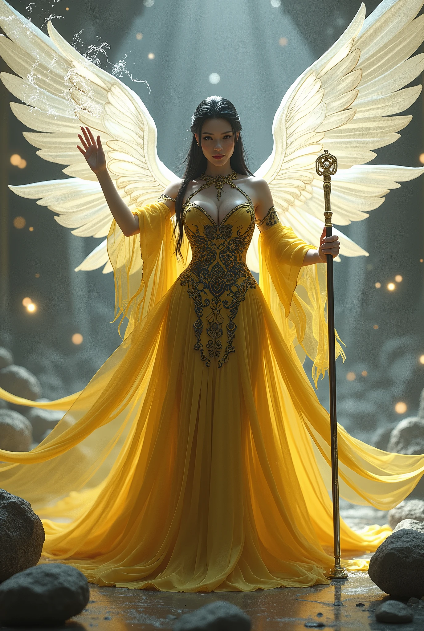 (masterpiece, photorealistic:1.4, extremely intricate:1.3), (photon mapping, radiosity, physically based rendering, ultra resolution, hyper-realistic, photorealistic:1.4, hyper-realistic, 8K), (((glossblack hair, buxom Sylph, large breasts, wide hips, yelloww black chinoiserie dress))) sorceress, staff raised, white air power, diaphanous wings