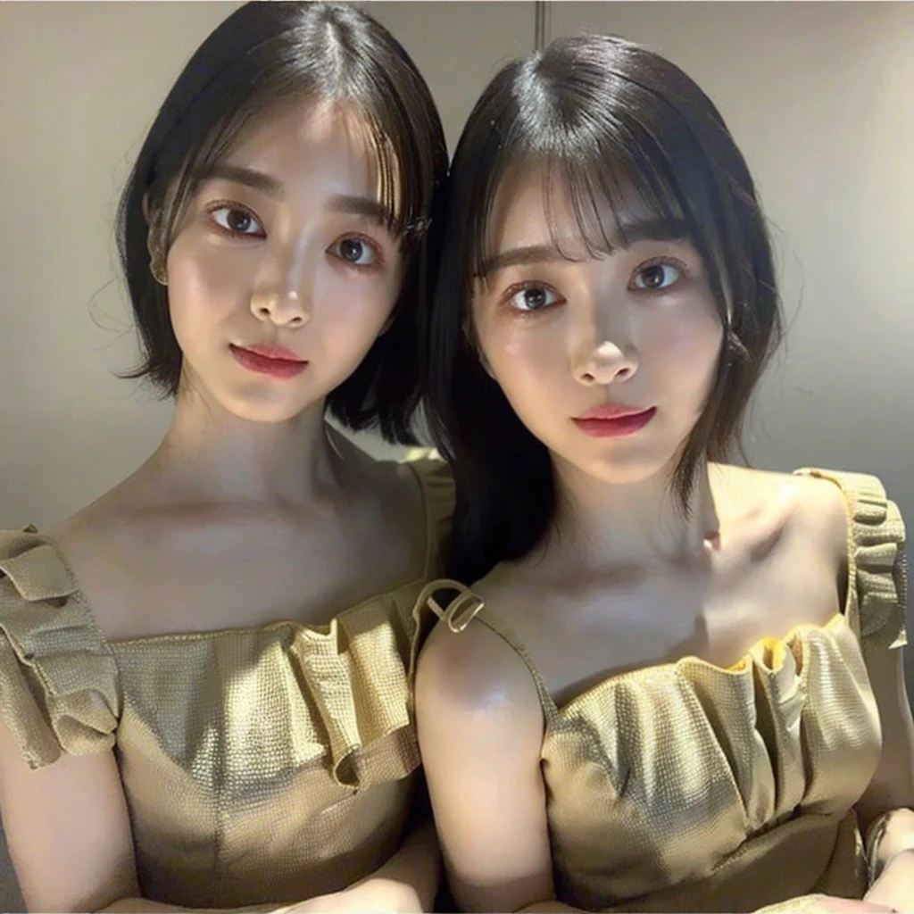 ((Highest quality, 8K, masterpiece:1.3)), concentrated:1.2, Beautiful woman with perfect figure:1.4, Stick your butt out:1.2, ((Cut your hair in layers:1.2)), (Medium sized breasts),(Bandeau dress:1.5), Highly detailed face and skin texture, Detailed eyes, double eyelid,Whitening the skin,Long white hair,(Keep your mouth shut:1.3),smile, portrait photos,
(((cloned face)))
(((similar identical twins)))
All the girls have the exact same face, The two have the same face and figure, as if they were mirror images