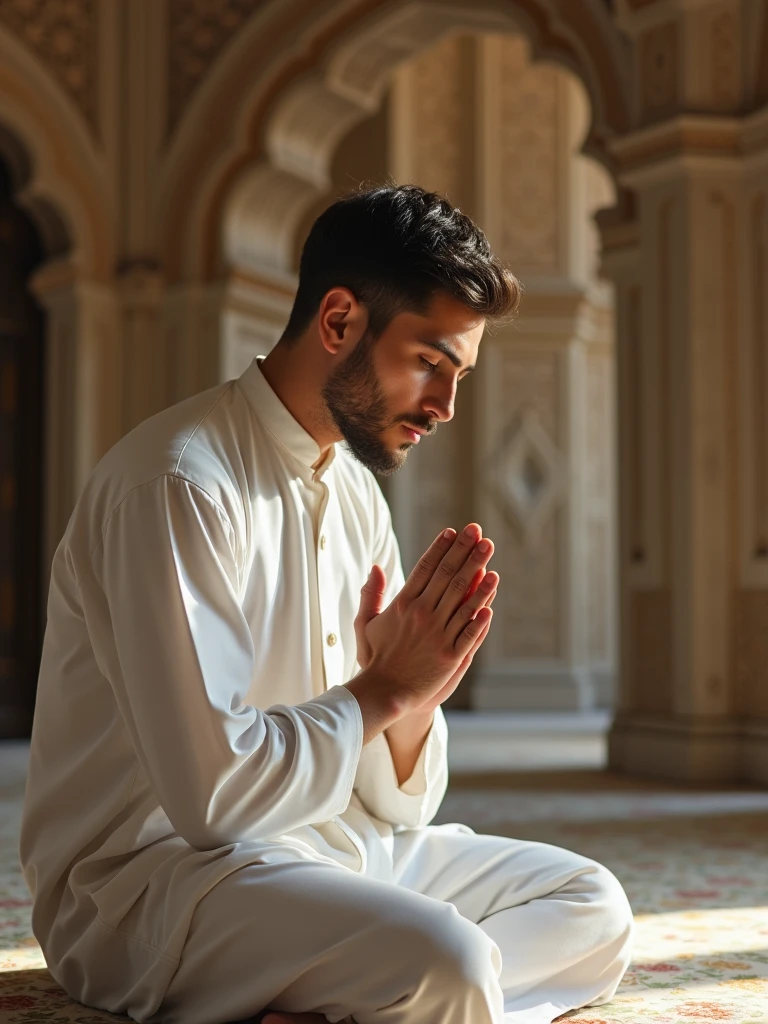 The same young Middle-Eastern man in a white prayer garment, now in a bowing position with hands on knees, eyes looking downward, background showing the same mosque's intricate design, soft and peaceful lighting, capturing the humility and devotion of the bowing, 16:9 aspect ratio, realistic, f/2.8, ISO 200, 50mm lens -- 16:9