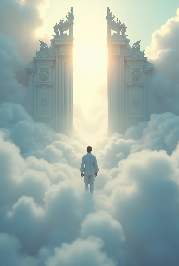 A man walking through cloud to big white gates, bright light in gate, he is going to heaven, back view drone shoot.