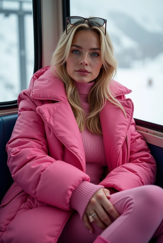 Margot Robbie, a 2 girl with very striking features. She has fair skin with visible freckles, light blue eyes and full lips. Her hair is straight and loose, blonde and long., your nose is very delicate and well defined , her facial expression is serene and confident and the soft lighting highlights her features. an elegant woman relaxing in a cable car cabin overlooking a snowy landscape. She is dressed in a vibrant outfit all in shades of pink.. The hot pink quilted coat is voluminous, keeping her warm against the cold outside. Sob o casaco, She wears a set of leggings and a ribbed knit top in the same shade of pink, that hugs your silhouette comfortably. On the feet, She wears &#39;Moon Boot&#39; boots also in pink, completing the winter look with a modern and stylish touch. and her square black-framed sunglasses add a touch of sophistication. The surrounding environment is illuminated by the soft light that penetrates through the cable car windows., while the snow-white landscape creates a perfect contrast with its vibrant look.