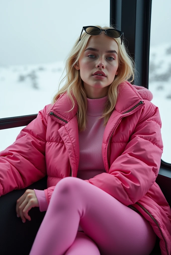 Margot Robbie, a 2 girl with very striking features. She has fair skin with visible freckles, light blue eyes and full lips. Her hair is straight and loose, blonde and long., your nose is very delicate and well defined , her facial expression is serene and confident and the soft lighting highlights her features. an elegant woman relaxing in a cable car cabin overlooking a snowy landscape. She is dressed in a vibrant outfit all in shades of pink.. The hot pink quilted coat is voluminous, keeping her warm against the cold outside. Sob o casaco, She wears a set of leggings and a ribbed knit top in the same shade of pink, that hugs your silhouette comfortably. On the feet, She wears &#39;Moon Boot&#39; boots also in pink, completing the winter look with a modern and stylish touch. and her square black-framed sunglasses add a touch of sophistication. The surrounding environment is illuminated by the soft light that penetrates through the cable car windows., while the snow-white landscape creates a perfect contrast with its vibrant look.