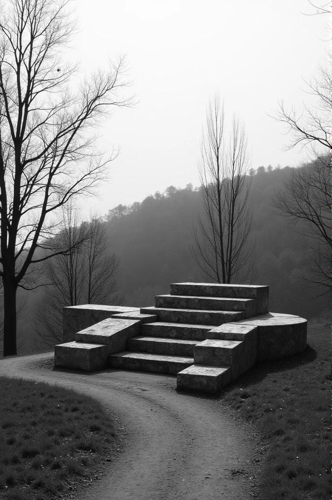 Monochromatic image of a structure with several large blocks at the foot of a hill surrounded by some trees with few leaves