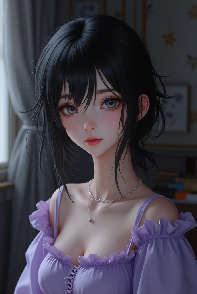 /beautiful girl/messy black hair/grey eyes/lilac dress/background a room/ Semi realistic style/