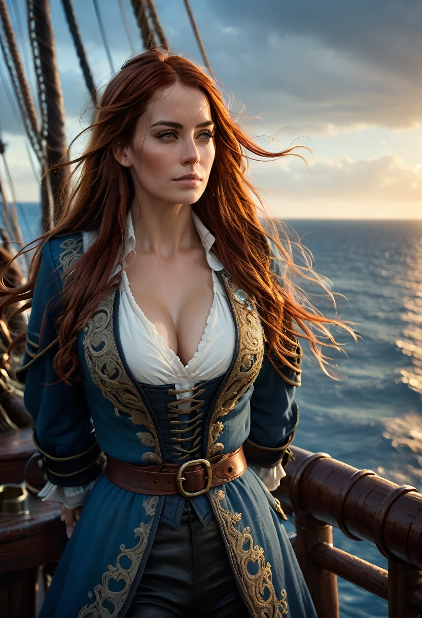 A realistic, highly detailed image of a beautiful female pirate in her early 40s with long, flowing red hair. She stands on the deck of a weathered pirate ship, her gaze fixed on the distant horizon. The wind gently lifts her hair and the edges of her rugged, yet elegant pirate coat, which is adorned with intricate embroidery and a few hints of battle-worn leather. Her expression is one of determination and wisdom, reflecting the many adventures she has faced. The background features a vast ocean, with the sun setting or rising, casting a warm golden light that contrasts with the deep blue of the sea and sky. The overall atmosphere is both majestic and serene, capturing the essence of a seasoned pirate captain contemplating her next journey