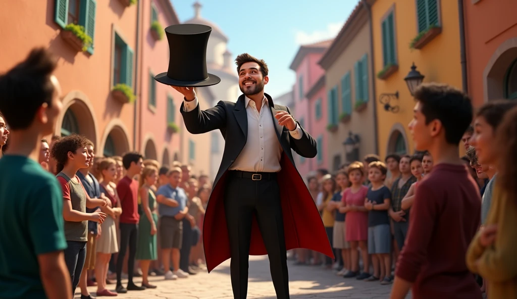 a magician in a square performing a magic trick with his top hat in front of several impressed adults, disney pixar style