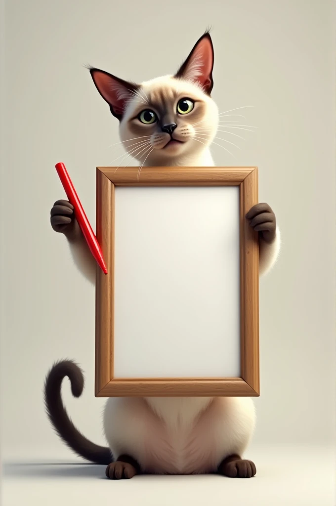 a Siamese cat holding an empty picture frame and also a red marker