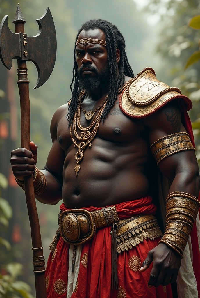 A Black Man with a fat and strong body Plump,. Strong Armed Tribal Warrior, hair with Nagô braids, Using a large War Axe, Clothes in Red Colors, white and gold, Protective bracelets, Reinforced shoulder pad. Great Warrior of Xango