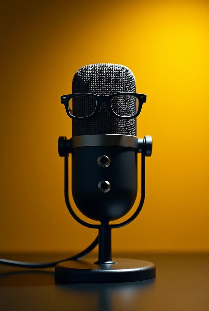 podcast microphone smiling and wearing glasses with black and yellow background