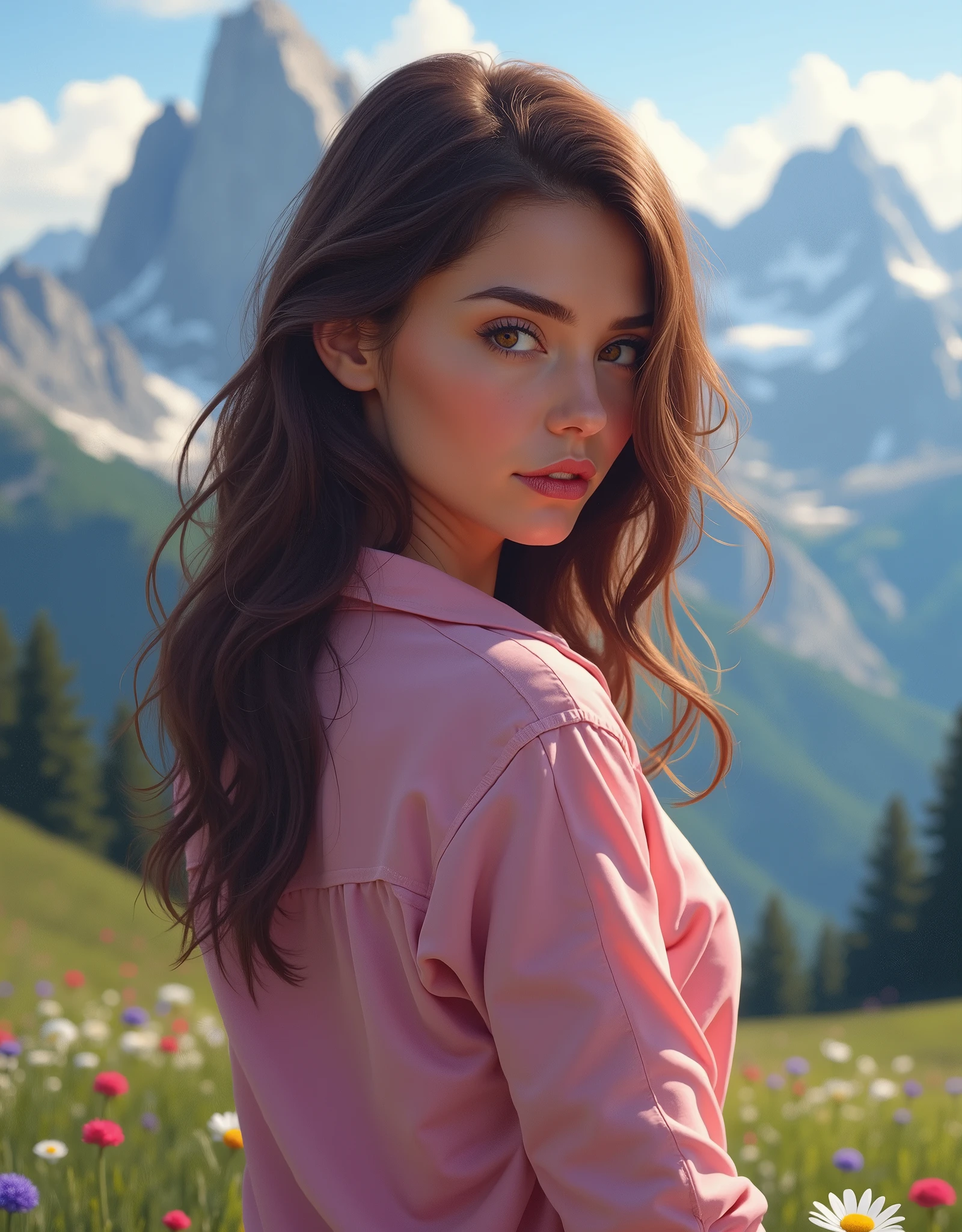 A looking back over the shoulder pose of a sexy face and seducing eye and expression Woman donning a pink flannel shirt at the Dolomites with breathtaking background scene view, masterpiece, best quality