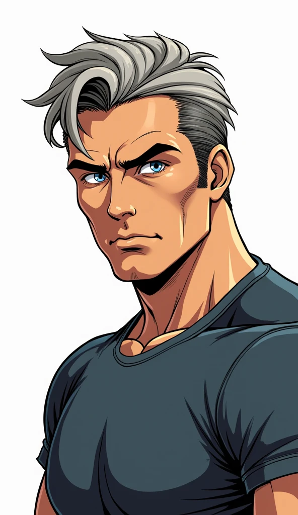 Character sheet image of an adult male named John Smith. He has fair skin with a few freckles, short gray hair slicked back with hints of brown, and intense blue eyes with a watchful expression. His build is stocky and muscular. The style should blend 1980s comic book art with 1980s anime, showing him in a firm, resolute pose. The background should be transparent."