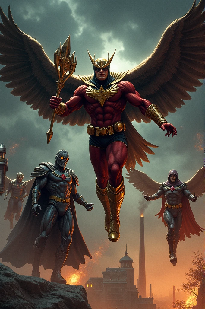 I want an illustration of Hawkman the Hawkman Aldis Hodge with his helmet, his wings and his golden boots and red pants and his mace with a spiked ball also golden flying and guiding a group of Thanagarians who also fly through the sky to face a group of soldiers. of Darkseid with a dark brown suit and cap with round goggles and lilac skin on his face and hands and fangs, and on his back six dragonfly wings that fly through the sky where there are black clouds and black chimneys that spew fire