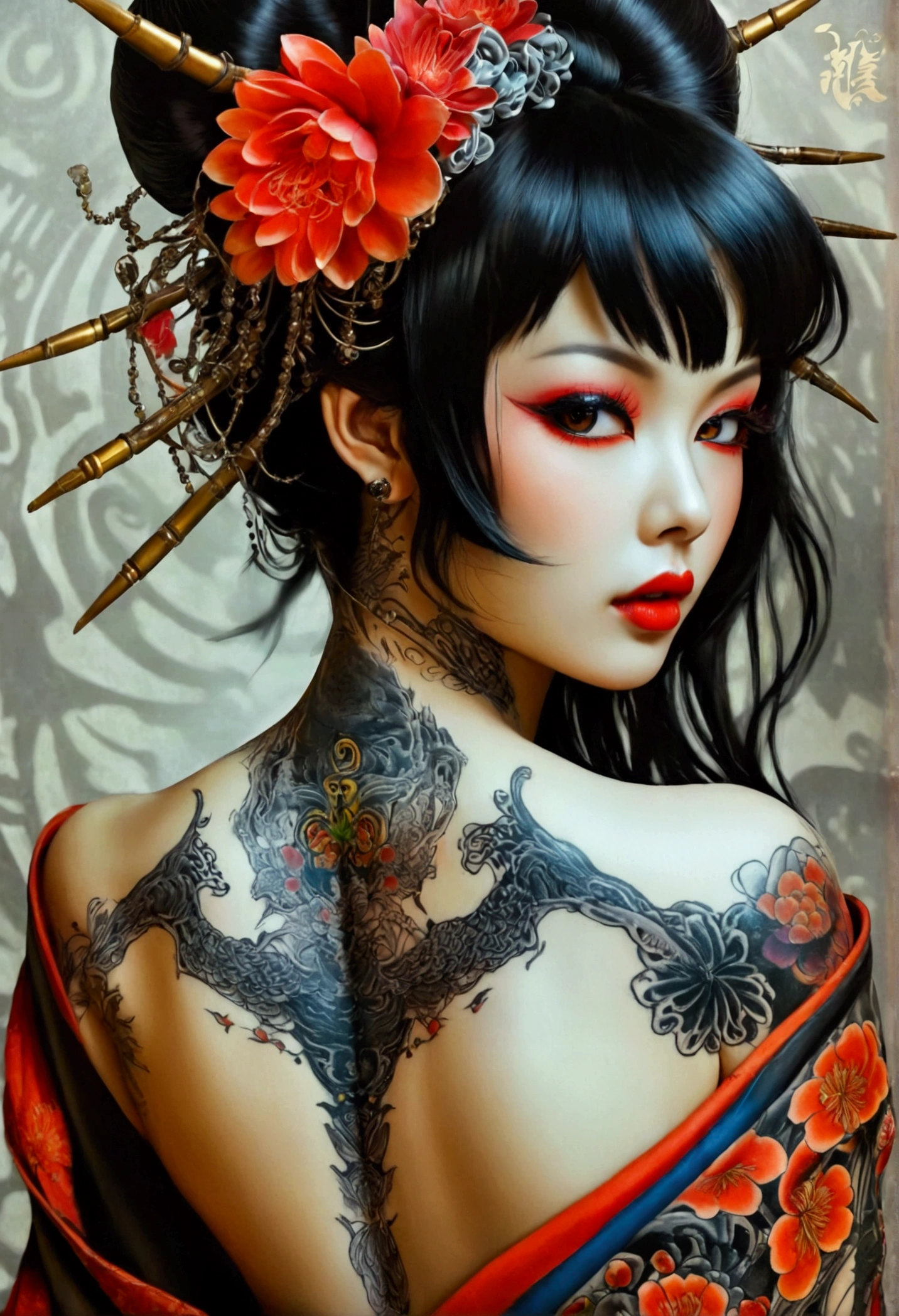 Stunningly gorgeous beautiful perfect hr giger inspired inspired tattooed sexy seductive Geisha lulu , perfect face, hyper detailed vibrant eyes, large breasts, full body view, nude, no color black and gray only, back to viewer looking forward,