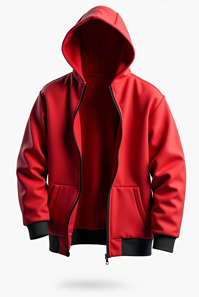 Create me a design of a red hoodie open as if floating in the air, there is no person wearing this sweatshirt, This sweatshirt has a black zipper detail and the cuffs of this sweatshirt are black and its hem is black, just the sweatshirt without anyone wearing it, catalog photo style, background of this image is white, highly realistic image