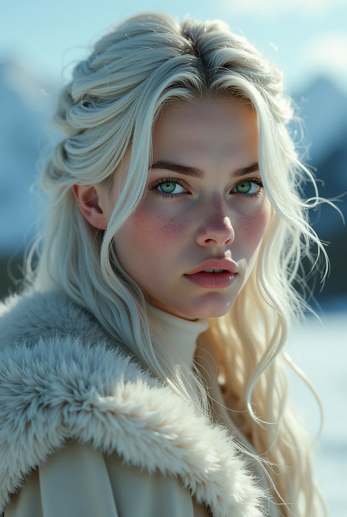 vintage style fantasy, masterpiece, magnificent art, Best Quality, 1 girl, close up girl nordic princess, scandinavian mountains, winter weather, symmetrical and hyper-detailed face, silky skin like peach silk, vibrant and aggressive green eyes, waist-length messy white hair, Sculptural body, (sparks: 0.7), adobe illustration, Trand an Artstation, 8k, High Definition, HD, cool and soft lighting, --q 500 --s 100, -