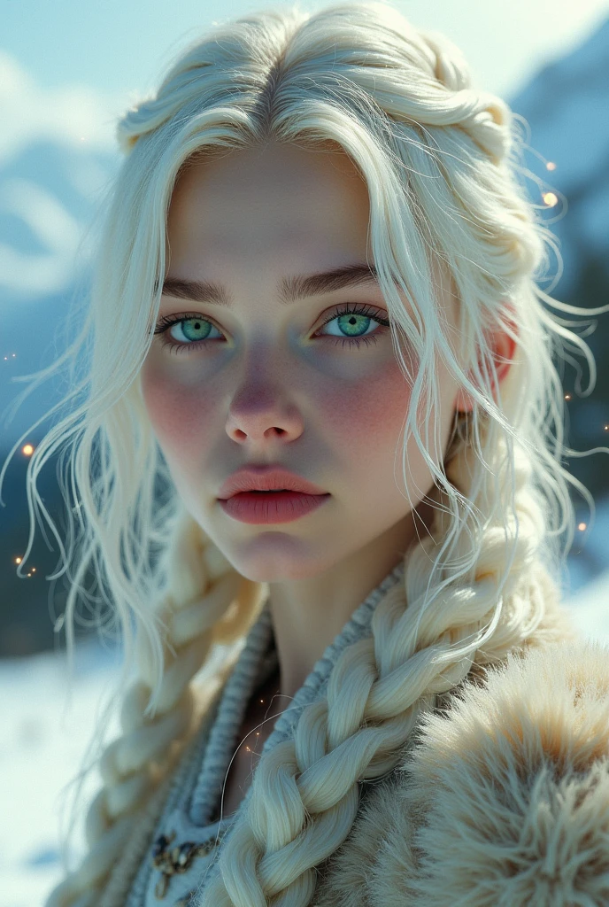 vintage style fantasy, masterpiece, magnificent art, Best Quality, 1 girl, close up girl nordic princess, scandinavian mountains, winter weather, symmetrical and hyper-detailed face, silky skin like peach silk, vibrant and aggressive green eyes, waist-length messy white hair, Sculptural body, (sparks: 0.7), adobe illustration, Trand an Artstation, 8k, High Definition, HD, cool and soft lighting, --q 500 --s 100, -