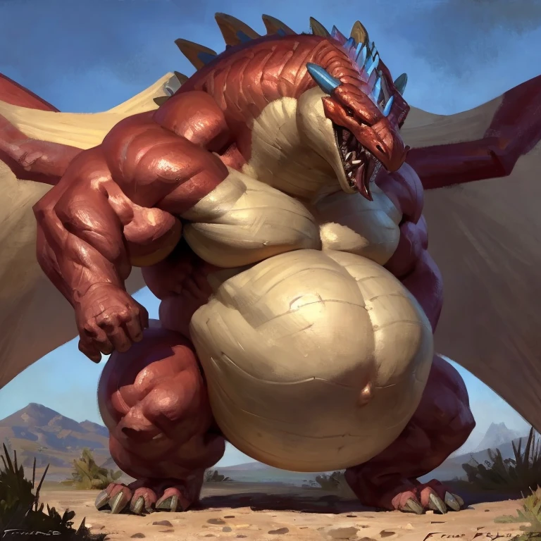 Detailed painting, by Taran Fiddler, closeup, outlook view, wide angle, dragoness, full body, feral, dainty, friendly, colorful, rounded snout, wings, pregnant-like belly, round belly, dominant belly, huge belly, bloated belly, big muscles, wide body, thick body muscles, powerfull muscles, beefy muscles, thick neck, tongue out, open mouth, saliva, hungry, voracious, fat, glutonous, tall, enormous, giant, gigantic, colosssal size, gargantuan, kaiju, powerfull look, badass look, looking at viewer, vore