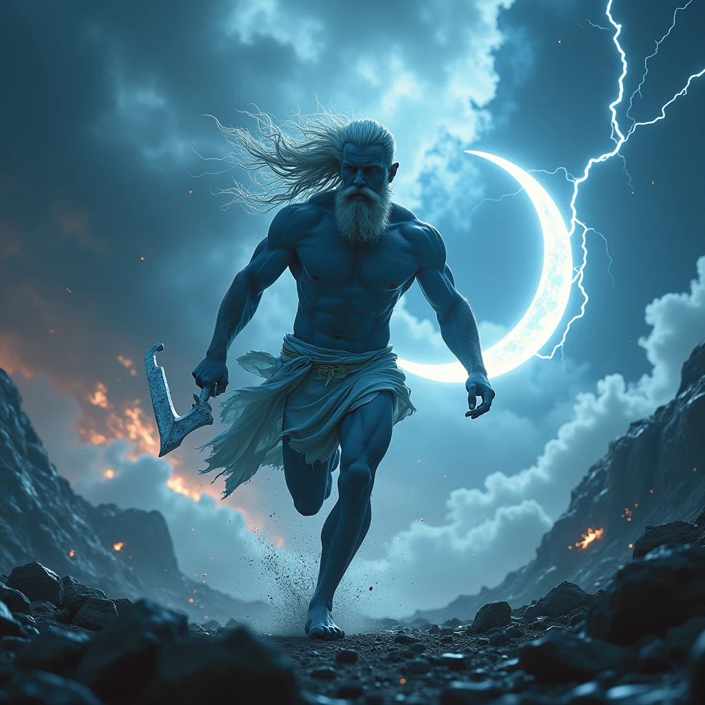 photorealistic, cinematic, powerful, Zeus in mid-stride, charging through a stormy landscape, with a muscular, god-like physique, is adorned in minimal yet intricately detailed attire, Sky blue, tattered loincloth that billows with his movement, revealing his formidable legs. His skin is a striking shade of blue, accentuated by the dramatic lighting of the scene, which casts deep shadows and highlights his chiseled features and bulging muscles. His long, flowing white hair and beard whip wildly in the wind, adding a sense of dynamic motion and raw energy. eyes glow with an intense, he is holding a massive thunderbolt, that shimmer in the stormy light, radiating a mystical aura. The ground beneath him erupts with force, sending rocks and debris flying into the air, emphasizing the deity's immense strength and the impact of his stride. The sky above is filled with swirling, dark clouds, illuminated by flashes of lightning that create a dramatic and foreboding atmosphere. A crescent moon hangs in the background, partially obscured by the turbulent clouds, adding a touch of celestial mystery to the scene. Intricate details, cinematic depth of field, sharp focus, filmic f/22 aperture, Arri Alexa 35 camera, film grain, Cinematic film still, color-graded, post-processed aesthetic, evoking the cinematic quality of 35mm film, razor-sharp, 16k resolution, precise.