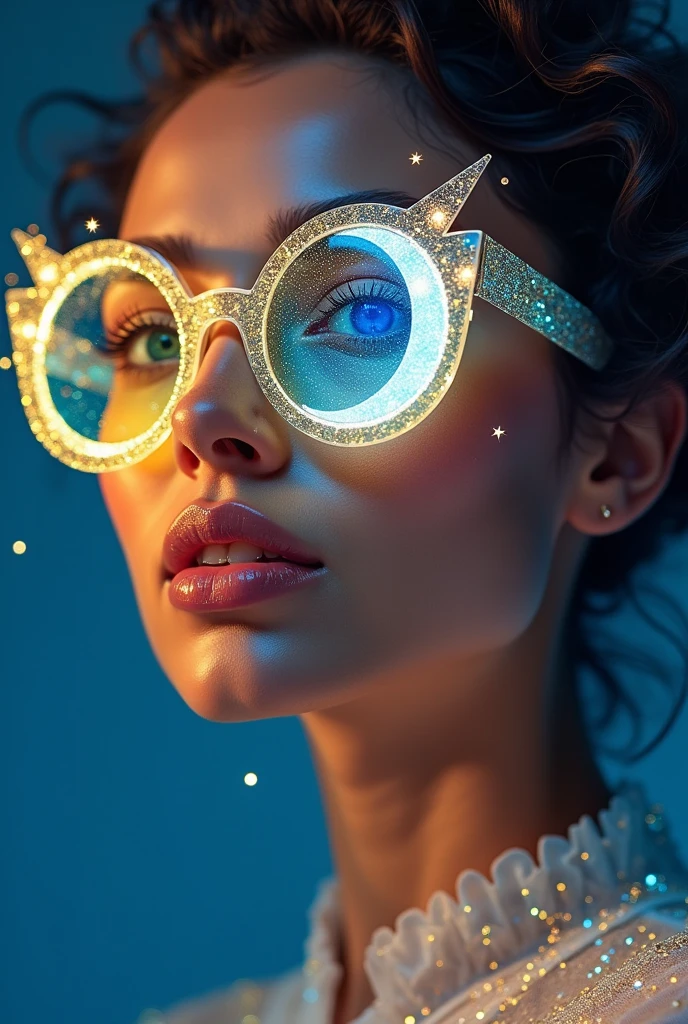 model wearing vitreous sunglasses with star and moon in the glass, in the style of dark sky-blue and light yellow, minimalist pen lines, fairy kei, use of precious materials, vibrant and lively hues, captivating, glitter