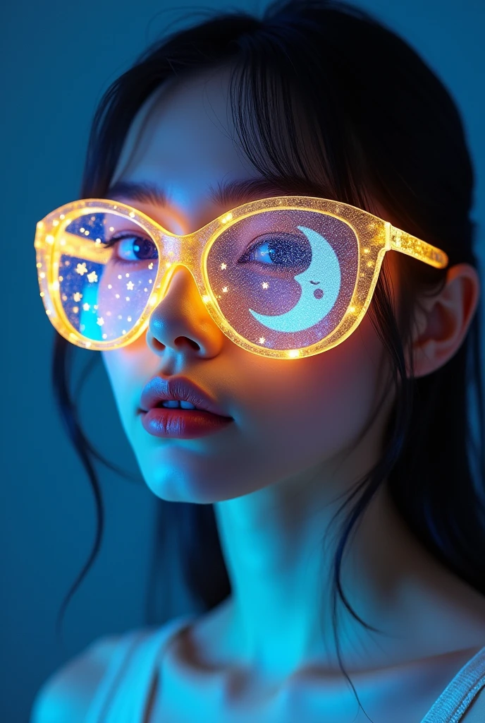 model wearing vitreous sunglasses with star and moon in the glass, in the style of dark sky-blue and light yellow, minimalist pen lines, fairy kei, use of precious materials, vibrant and lively hues, captivating, glitter 