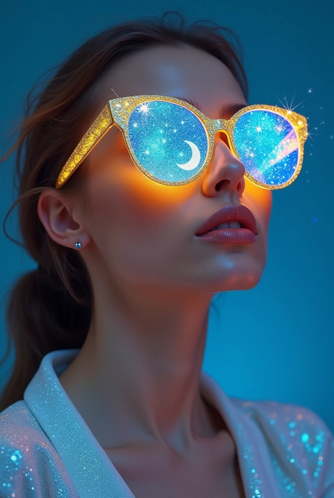 model wearing vitreous sunglasses with star and moon in the glass, in the style of dark sky-blue and light yellow, minimalist pen lines, fairy kei, use of precious materials, vibrant and lively hues, captivating, glitter 