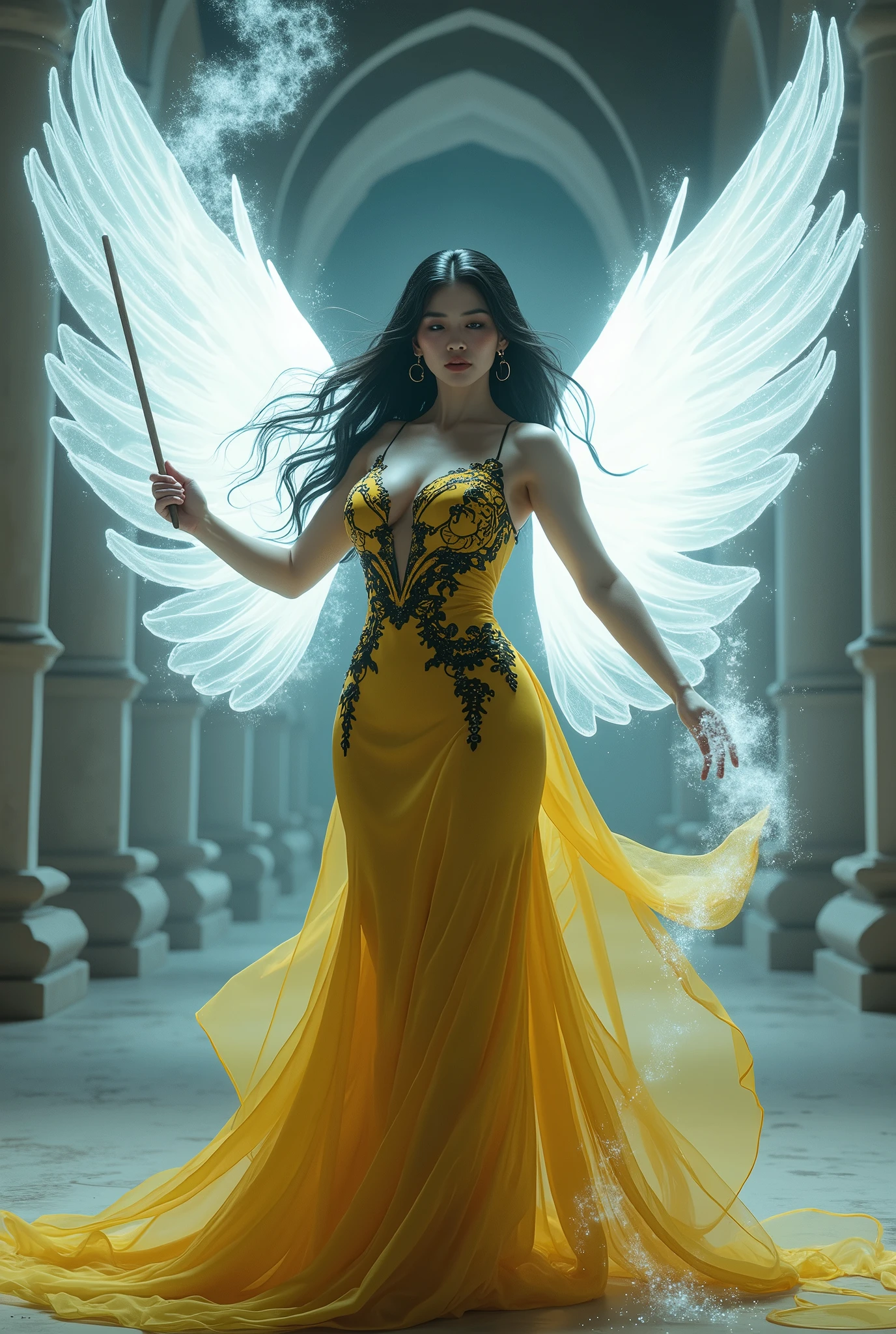 (masterpiece, photorealistic:1.4, extremely intricate:1.3), (photon mapping, radiosity, physically based rendering, ultra resolution, hyper-realistic, photorealistic:1.4, hyper-realistic, 8K), (((glossblack hair, buxom Sylph, large breasts, wide hips, yelloww black chinoiserie dress))) sorceress, wand raised, white air power, diaphanous wings