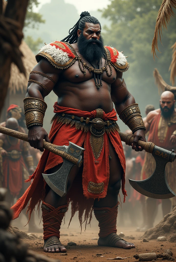 A Black Man with a fat and strong body Plump,. Strong Armed Tribal Warrior, hair with Nagô braids, Using a large War Axe, Clothes in Red Colors, white and gold, Protective bracelets, Reinforced shoulder pad. Great Warrior of Xango