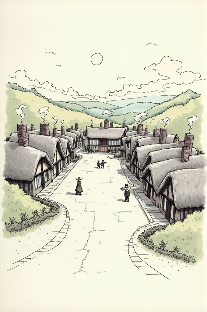 Draw a very simple hand drawing of a storyboard  of an establishing shot of a village (wide shot)