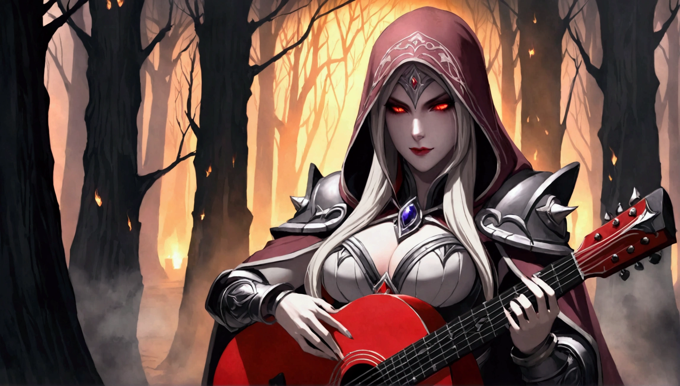 Sylvanas Windrunner, the legendary leader of the Forsaken, sits on a dark wooden throne, surrounded by an aura of mystery and magic. In her hands, she holds a vibrant red guitar, its strings seemingly pulsing with unearthly energy. Her eyes, burning with an otherworldly intensity, stare directly at the viewer, as if daring them to come closer. Her long, white hair falls over her shoulders, framing her pale, ethereal face. Her lips, painted a deep red, curve in an enigmatic smile, as if guarding secrets known only to her. The guitar, which appears to have been created by magical hands, emits an intense red light that illuminates the environment around it. The strings vibrate with an energy that seems almost palpable, as if they are alive and responding to Sylvanas’ touch. In the background, a dark and mysterious mist spreads, as if the night itself is closing in around Sylvanas. The atmosphere is charged with tension and anticipation, as if something is about to happen. The image is a mix of shadows and light, of mystery and magic, capturing the essence of Sylvanas Windrunner as an enigmatic and powerful creature.