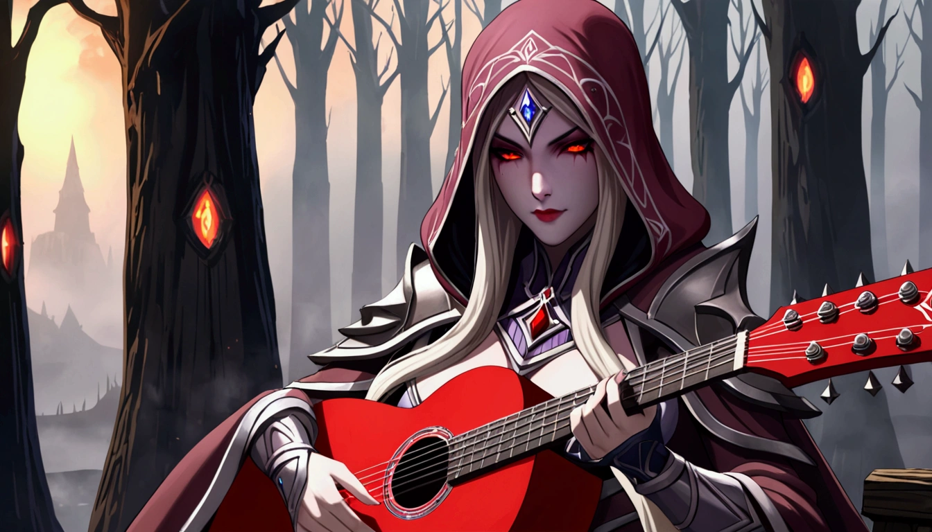 Sylvanas Windrunner, the legendary leader of the Forsaken, sits on a dark wooden throne, surrounded by an aura of mystery and magic. In her hands, she holds a vibrant red guitar, its strings seemingly pulsing with unearthly energy. Her eyes, burning with an otherworldly intensity, stare directly at the viewer, as if daring them to come closer. Her long, white hair falls over her shoulders, framing her pale, ethereal face. Her lips, painted a deep red, curve in an enigmatic smile, as if guarding secrets known only to her. The guitar, which appears to have been created by magical hands, emits an intense red light that illuminates the environment around it. The strings vibrate with an energy that seems almost palpable, as if they are alive and responding to Sylvanas’ touch. In the background, a dark and mysterious mist spreads, as if the night itself is closing in around Sylvanas. The atmosphere is charged with tension and anticipation, as if something is about to happen. The image is a mix of shadows and light, of mystery and magic, capturing the essence of Sylvanas Windrunner as an enigmatic and powerful creature.