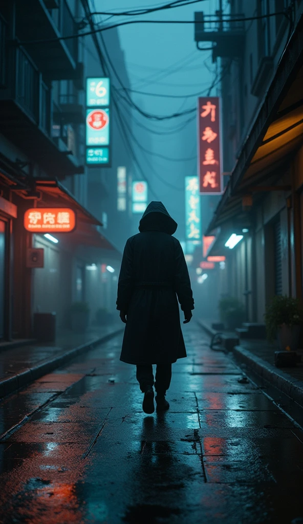 Night scene of a hooded man standing on a city street at night - SeaArt AI
