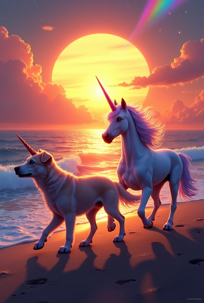 A unicorn riding a line of dogs watching the sunset with many colors and rainbows in the sea