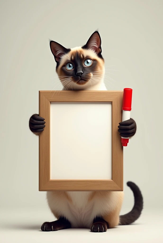 a Siamese cat holding an empty picture frame and also a red marker