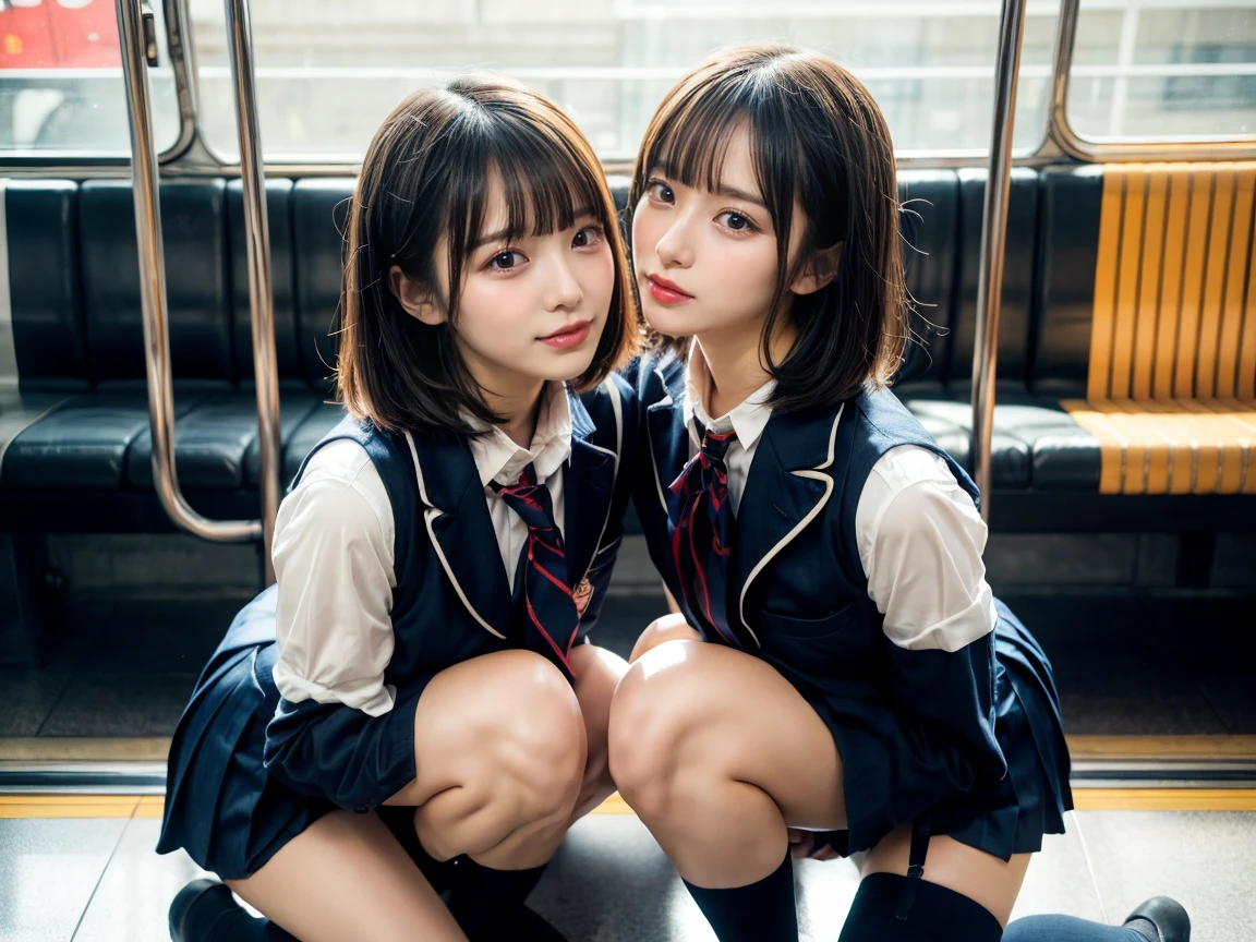 in the train、Molester 、panties露出 、Are standing、masterpiece, Highest quality, shape, Very detailed, Finer details, High resolution, 8k,wallpaper, Perfect dynamic composition,(High quality with attention to detail, Realistic depiction of eyes:1.3), ((2 people, 女子高生2 people)), 、Schoolgirl uniform、blazer 、panties、Navy blue knee-high socks、garter belt、Huge 、Disheveled uniform, Play with each other,Touching each other's bodies,Touch the person next to you, Short Bob Hair, Black hair color, Hugeな胸, Big Natural Color Lip, , Cowboy Shot ,(Perfect shape), Crying a little、Harajuku Style、Beautiful Makeup,Glitter makeup,Cutest 1, Beautiful feet, , Voluptuous thighs、Get:1.6, (sex with multiple men:1.5