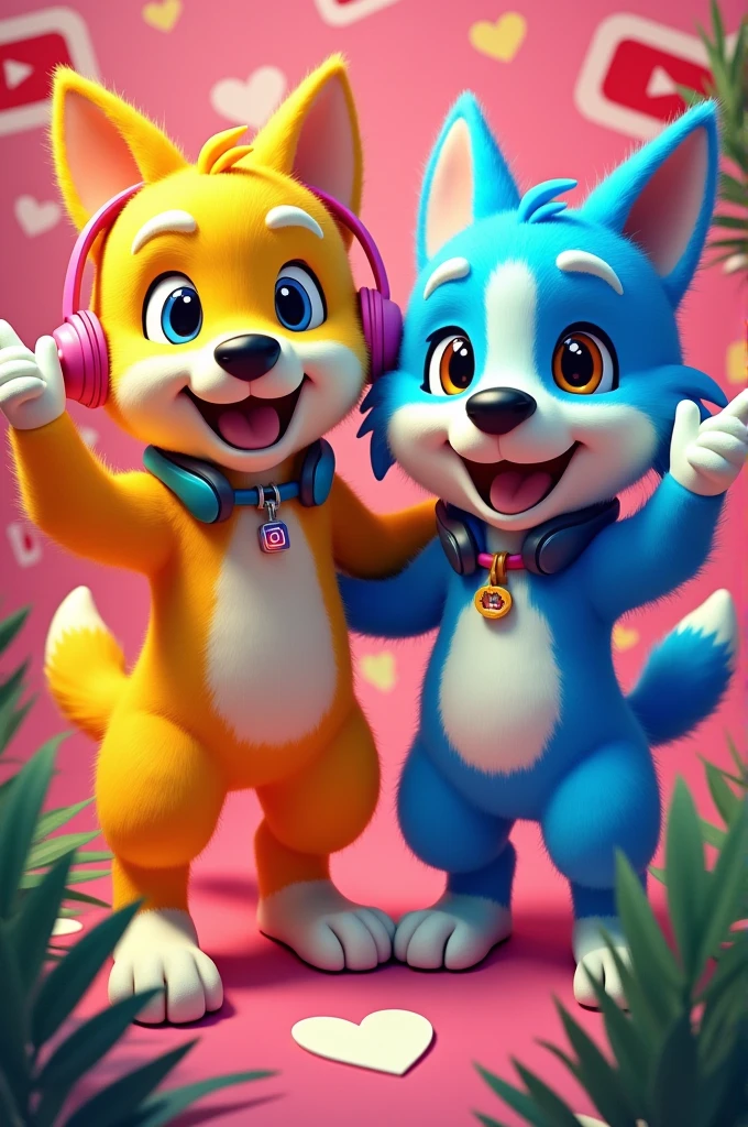 A yellow furry humanized dog, with anthropomorphic features such as human hands and legs, posing next to his blue furry friend. They are both smiling and energetic. In the background, The logos of TikTok and YouTube are found, creatively integrated. The art style is vibrant and dynamic, suitable for a profile picture. The yellow dog could wear funny accessories, such as headphones or sunglasses, while the blue friend might have something flashy in his outfit.