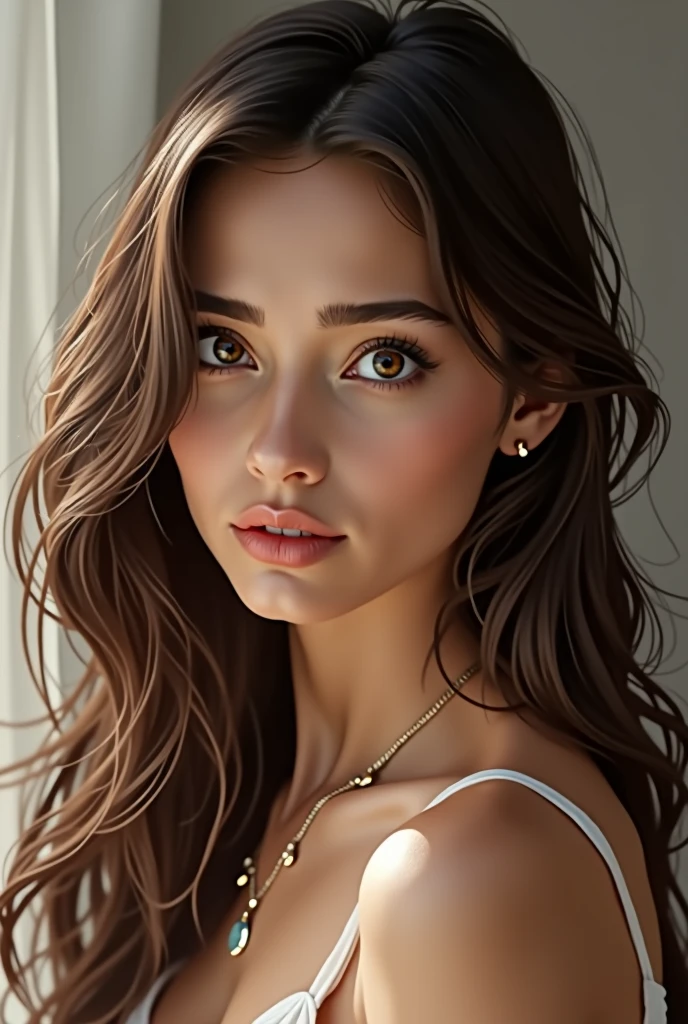 Femme yeux noisette brune fine sexy cheveux long realiste 