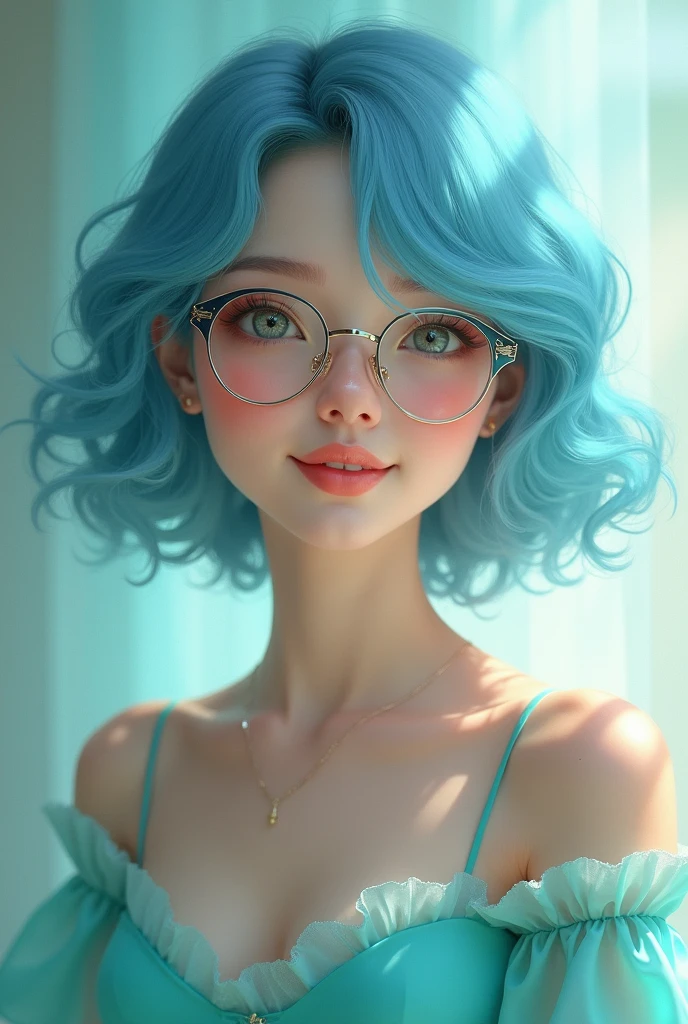 Woman with short medium wavy blue hair, with a turquoise dress and wearing glasses, smiling