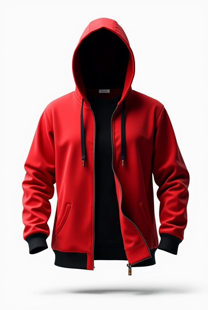 Create me a design of a red hoodie open as if floating in the air, there is no person wearing this sweatshirt, This sweatshirt has a black zipper detail and the cuffs of this sweatshirt are black and its hem is black, and the inside of this sweatshirt is black, just the sweatshirt without anyone wearing it, catalog photo style, background of this image is white, highly realistic image