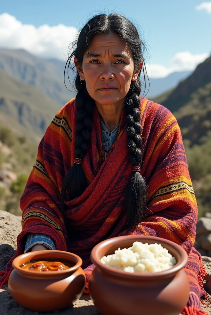 Digital hyperrealistic image, from a countrywoman from the Peruvian mountains, with two braids, A traditional blanket is placed on her shoulders and in front of her are two pots full of masamorra, One of purple apple and the other of rice pudding.