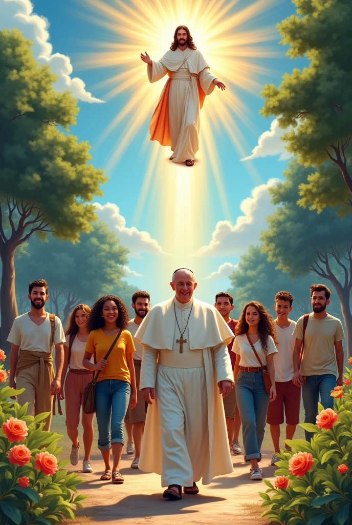"A vibrant and inspiring scene showing Pope Francis walking alongside a diverse group of young people, symbolizing unity and faith. The group is depicted in a lively and hopeful atmosphere, walking on a path surrounded by nature, with trees and flowers in the background. In the sky above, there is a radiant image of Jesus Christ, offering a blessing, with rays of light extending down to the group. Beside Jesus, an image of Saint Thérèse of Lisieux (Santa Terezinha) appears, holding her characteristic roses and smiling gently, symbolizing her love and devotion. The scene captures the essence of faith, community, and the guiding presence of Jesus and the saints in the lives of young believers."