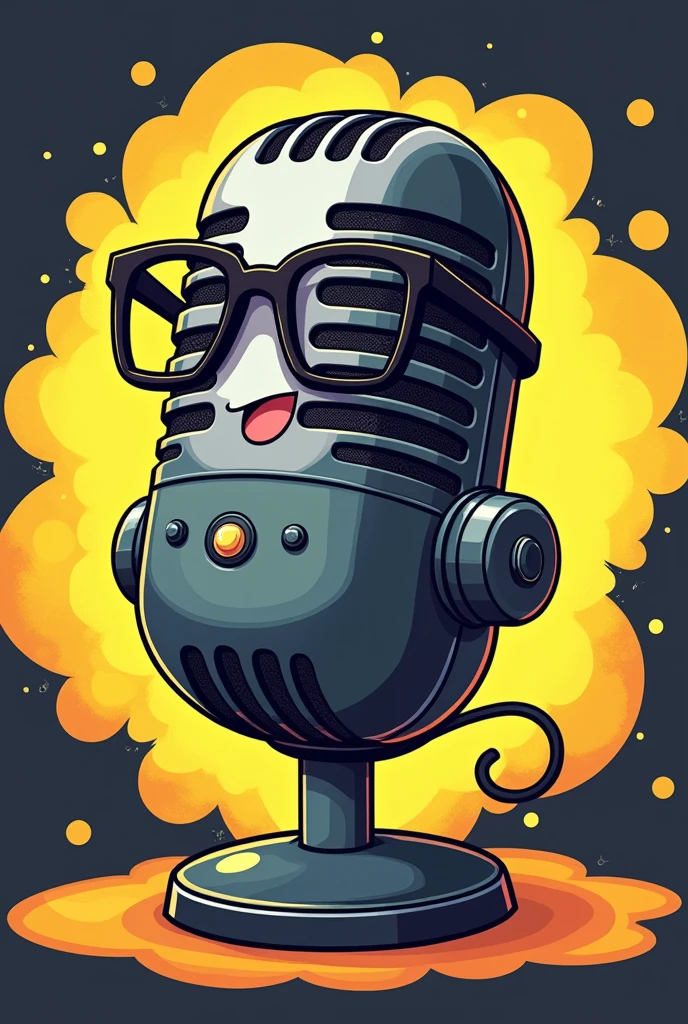 podcast microphone smiling and wearing glasses with black and yellow background anime version