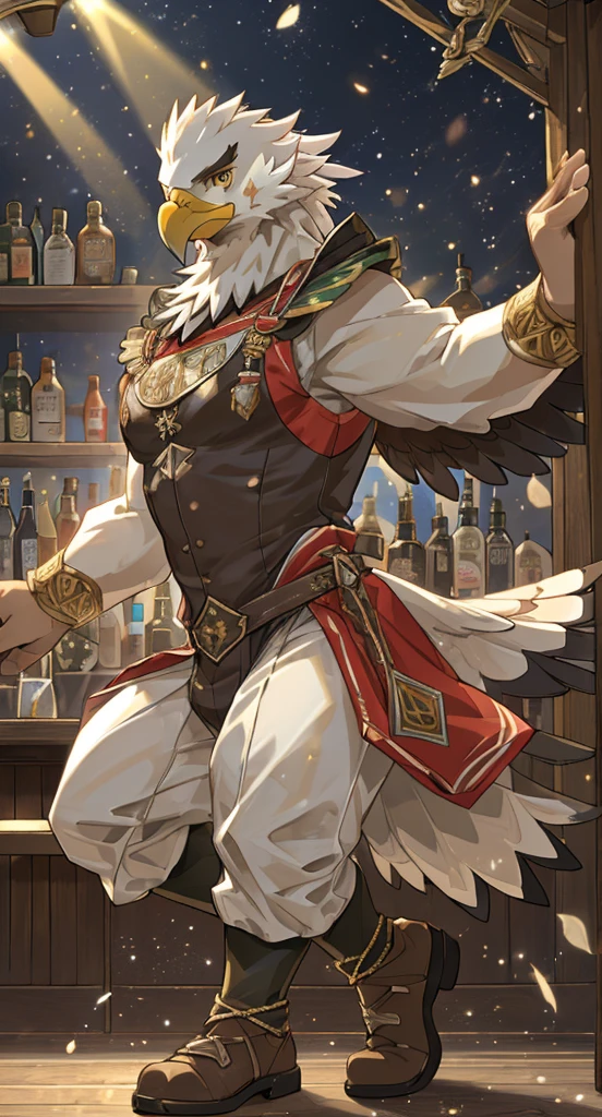 Game Art Style, Refined art, masterpiece, ((alone)), Humanity,((male, Male Eagle)), Expressive, Excellent anatomy, Charm,On stage,She works as a dancer in a bar.,(((Very revealing and extravagant costume))), Dancing, Brown plumage, Light brown hair, Yellow Eyes, Very strong body,(((とてもCharmな股間の膨らみ))),Highly detailed background, 完璧なmasterpiece, high quality, High resolution writing boundary depth, Perfect lighting, (Particles of light),(最high quality),(masterpiece),Sharp focus,Particles of light